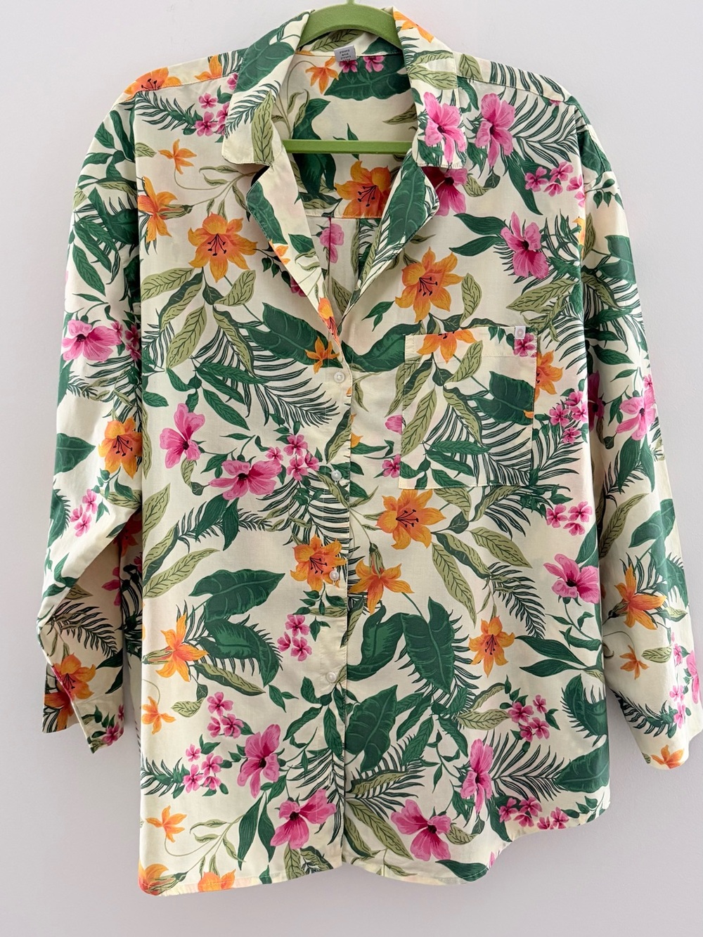 Old Navy Tropical Floral Button-Down Shirt in Green, Pink, Orange on Cream